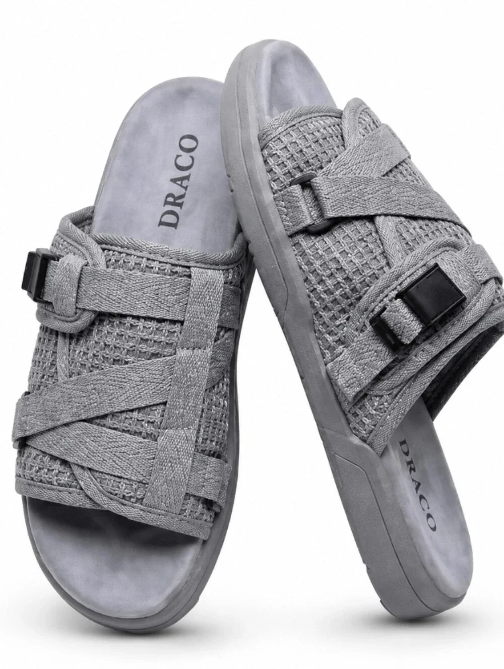 Draco DracoSlides Slides Grey Waffle Knit Sandals Adjustable Straps Men Sz 11-12